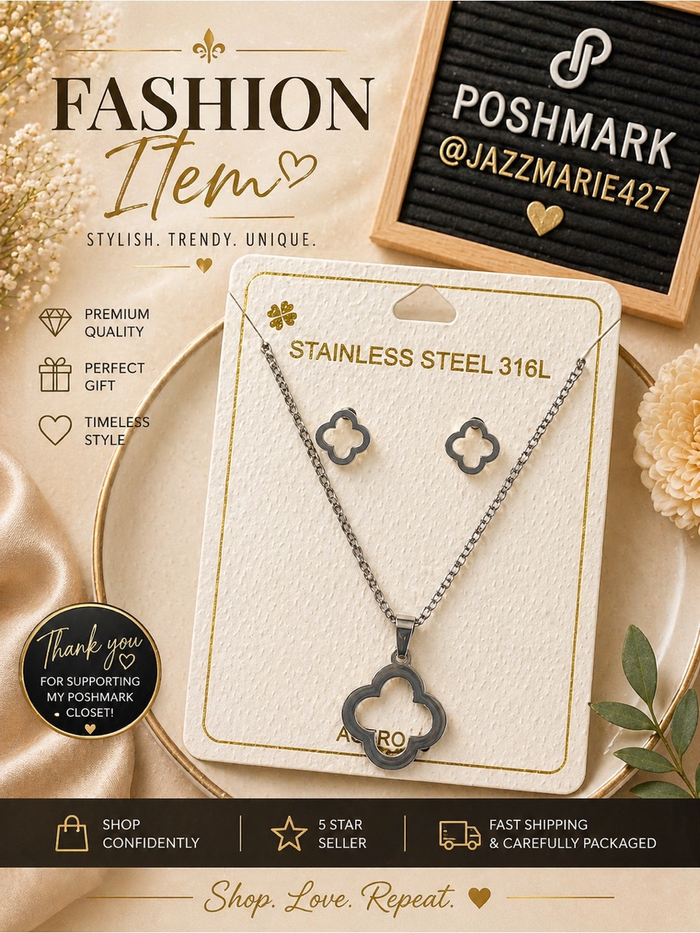 🔥🔥🔥FASHION SET 🔥🔥🔥Stainless Steel Clover Necklace & Earring Set - Silver